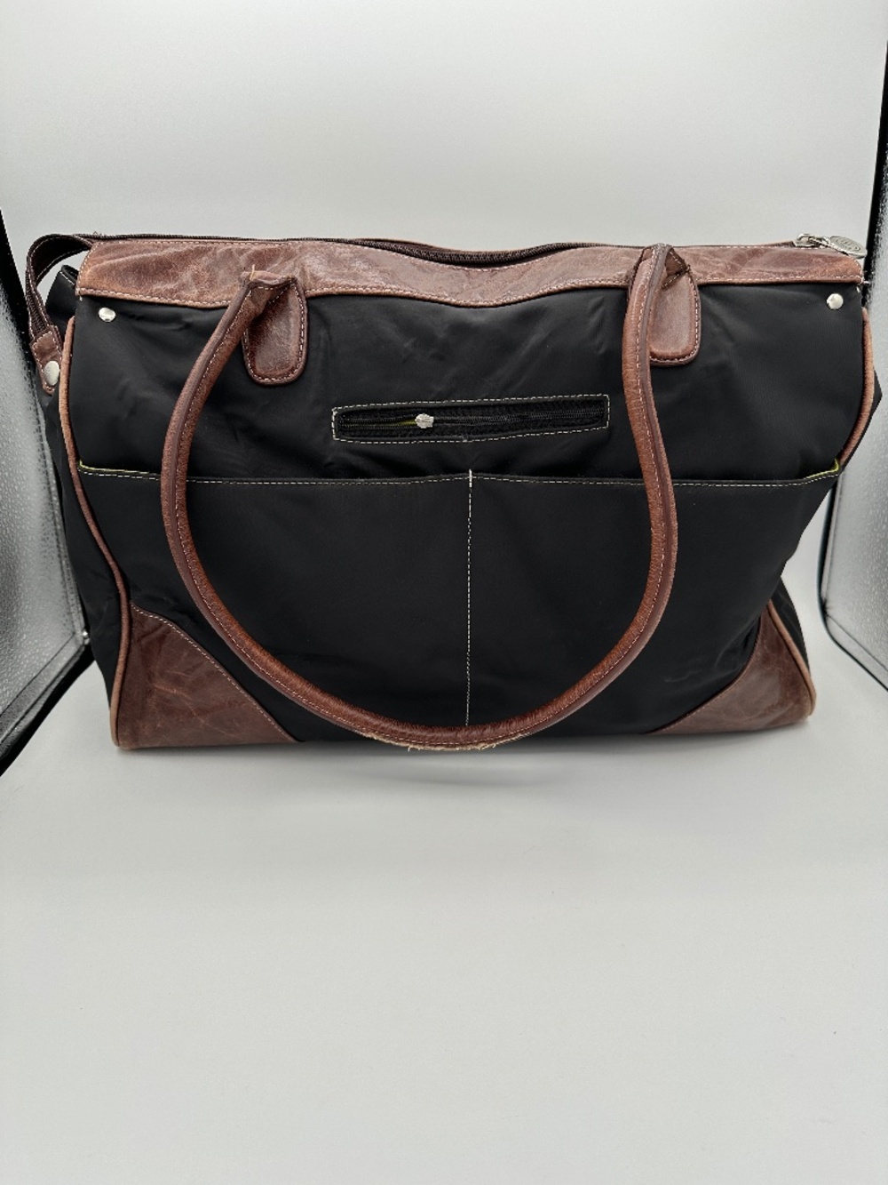 Chelsey Henry Classic Black Nylon Brown Leather Tote Bag